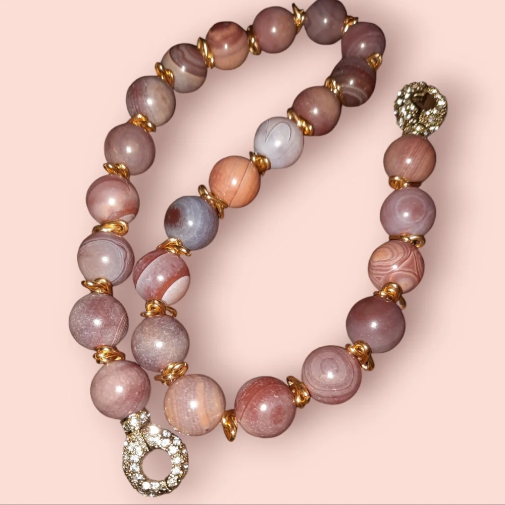 Banded agate set bead necklace pave crystal clasp matching gemstone earrings - Picture 5 of 16
